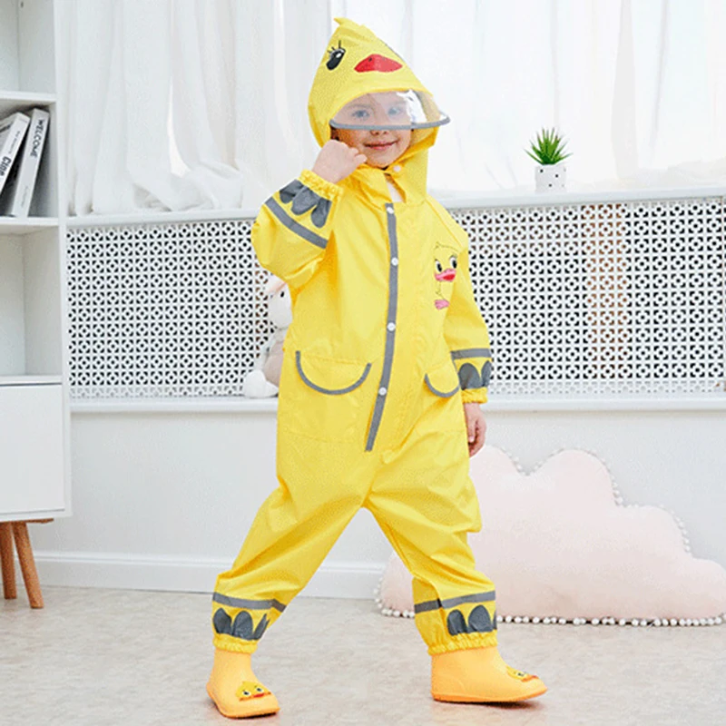 Children Raincoat Cartoon For Kids One Piece Rain Suit With Zipper & Buckle Closure Unisex Adjustable Waist Elastic Cuff