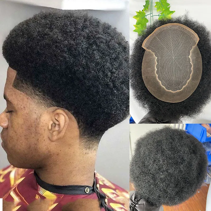 Afro Curl Toupee para homens negros, peruca dianteira do laço francês, Kinky Curly, 8x10Human Hair, substituição do sistema capilar, africano e americano, Q6