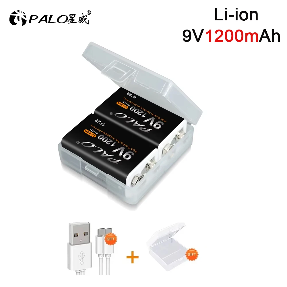 PALO-batería recargable de 1200mAh, 9V, 6F22, 9V, carga USB, baterías de iones de litio para Detector de metales, modelo de micrófono de juguete