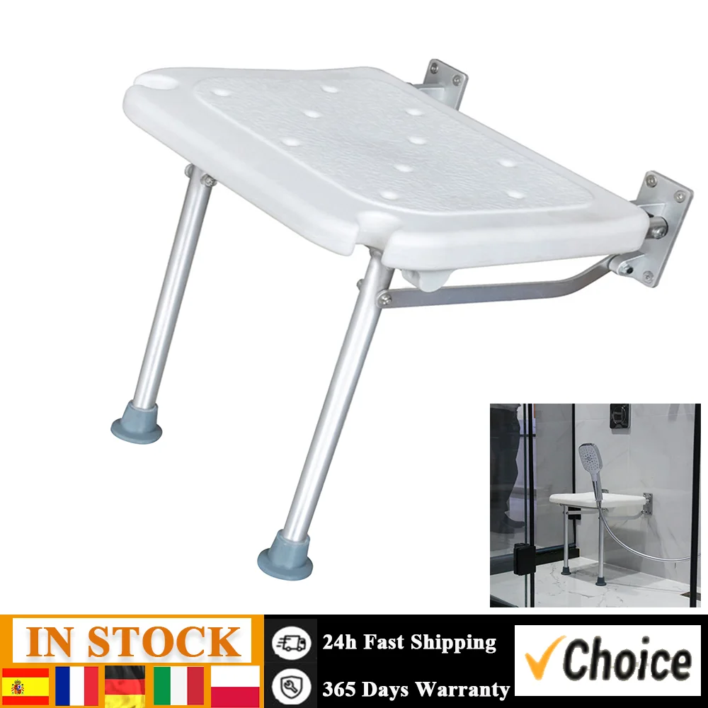 Flip-up Screw-in Bath Seat Folding Shower Bench  Wall Mounted Chair Stool with Non-Slip Feet Drainage Holes Shower Head Slot