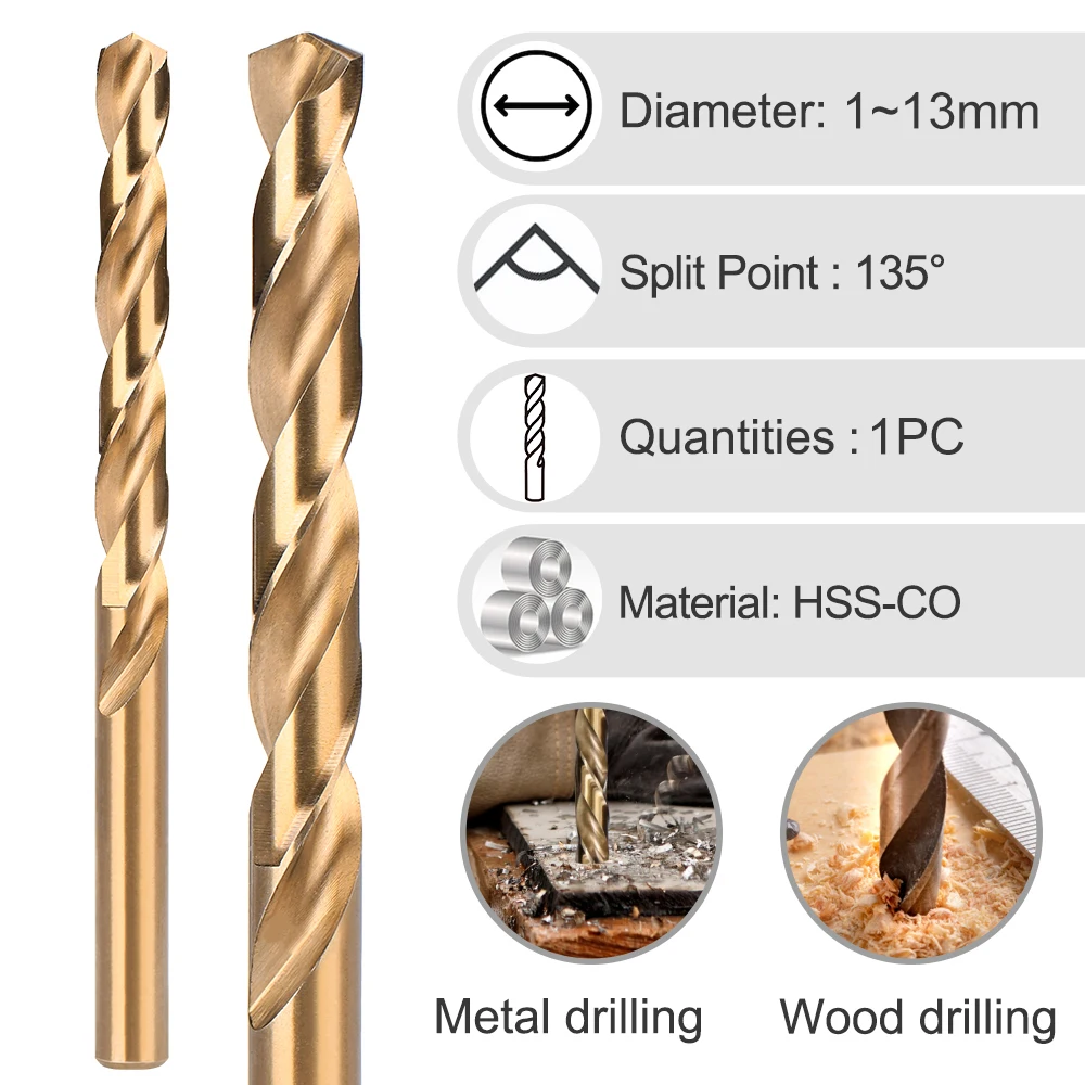 Foret hélicoïdal à revêtement Cobalt HSS M2 1.0-13mm, foret hélicoïdal pour le bois/métal, foret à tige ronde, outils de travail du bois 1 pièce