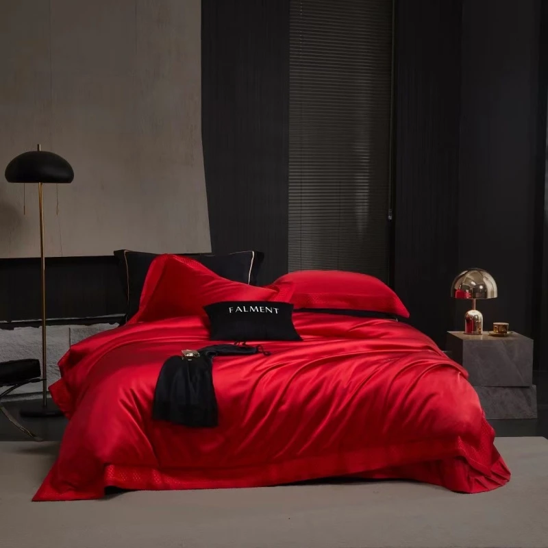 Red Satin Jacquard Duvet cover set Wedding silky Silk Like bedding set with Bed sheet Pillowcases