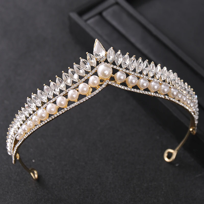 Baroque Vintage Pearl Crystal Crown Tiara Rhinestone Prom Diadem Headband For Women Bridal Wedding Hair Accessories Jewelry Gift