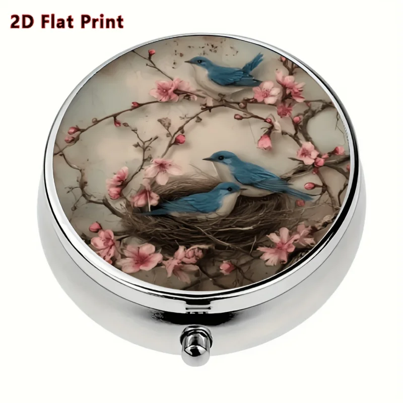 1 Piece of Vintage Flower and Bird Themed Illustration Design with Peach Blossoms and Blue Birds, Round 3-Compartment Mini Flip-Top Distribution Box, Portable Multifunctional Storage Box, Suitable for Family Travel, Portable Storage Container - a Great Holiday Gift for Friends and Family