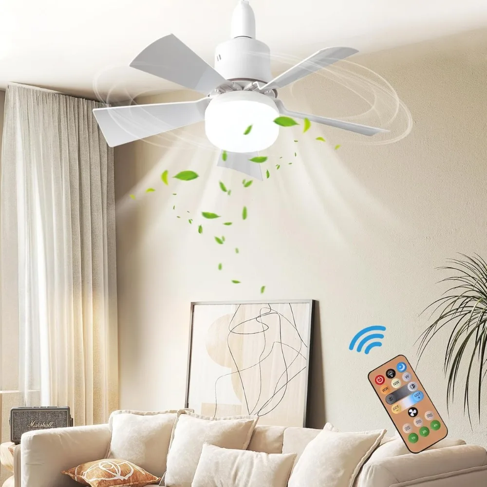 LED Ceiling Fan With Light E27 Socket Remote Control Dimmable 30W Modern Smart Wireless Fans Lighting For Bedroom Garage Kitchen