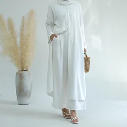 Hijabi Women Elegant Cotton/Linen Abaya Trousers Set-Extra-Loose-Fit Button Front Shirt Collar Shirt Abaya, Straight Legs Pants