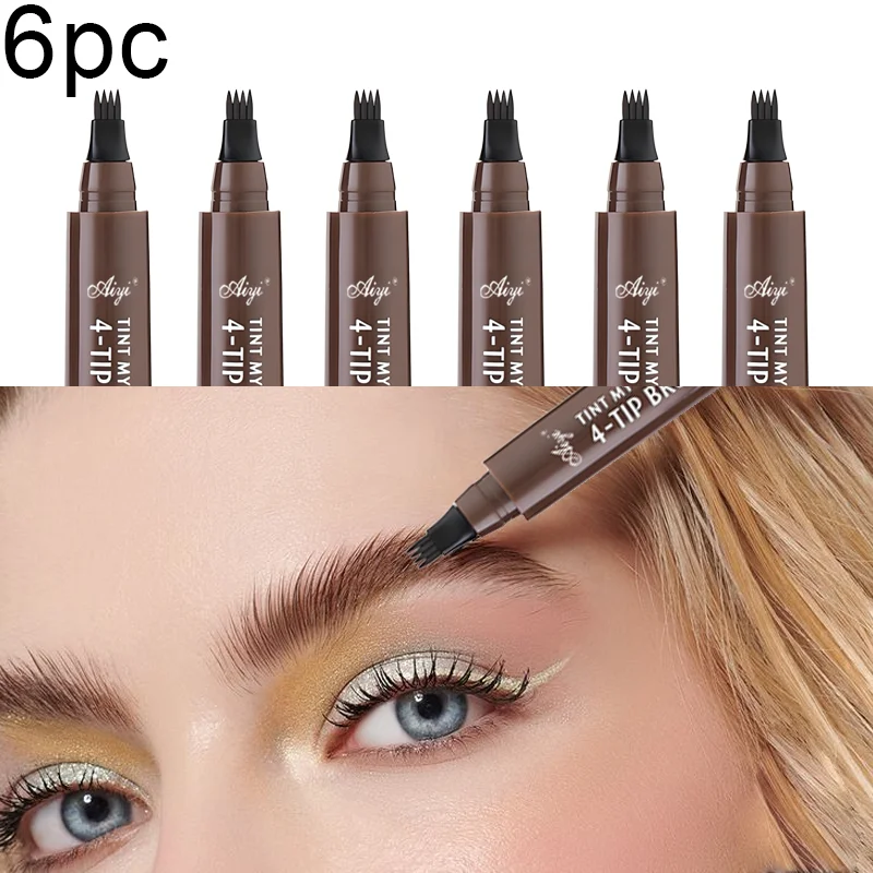 6-teiliger 4-Zinken-Augenbrauenstift – wasserfestes Microblading, ultrafeine Striche, 48 Stunden wischfest, natürliche Gradientenbrauen, vegan und grausam