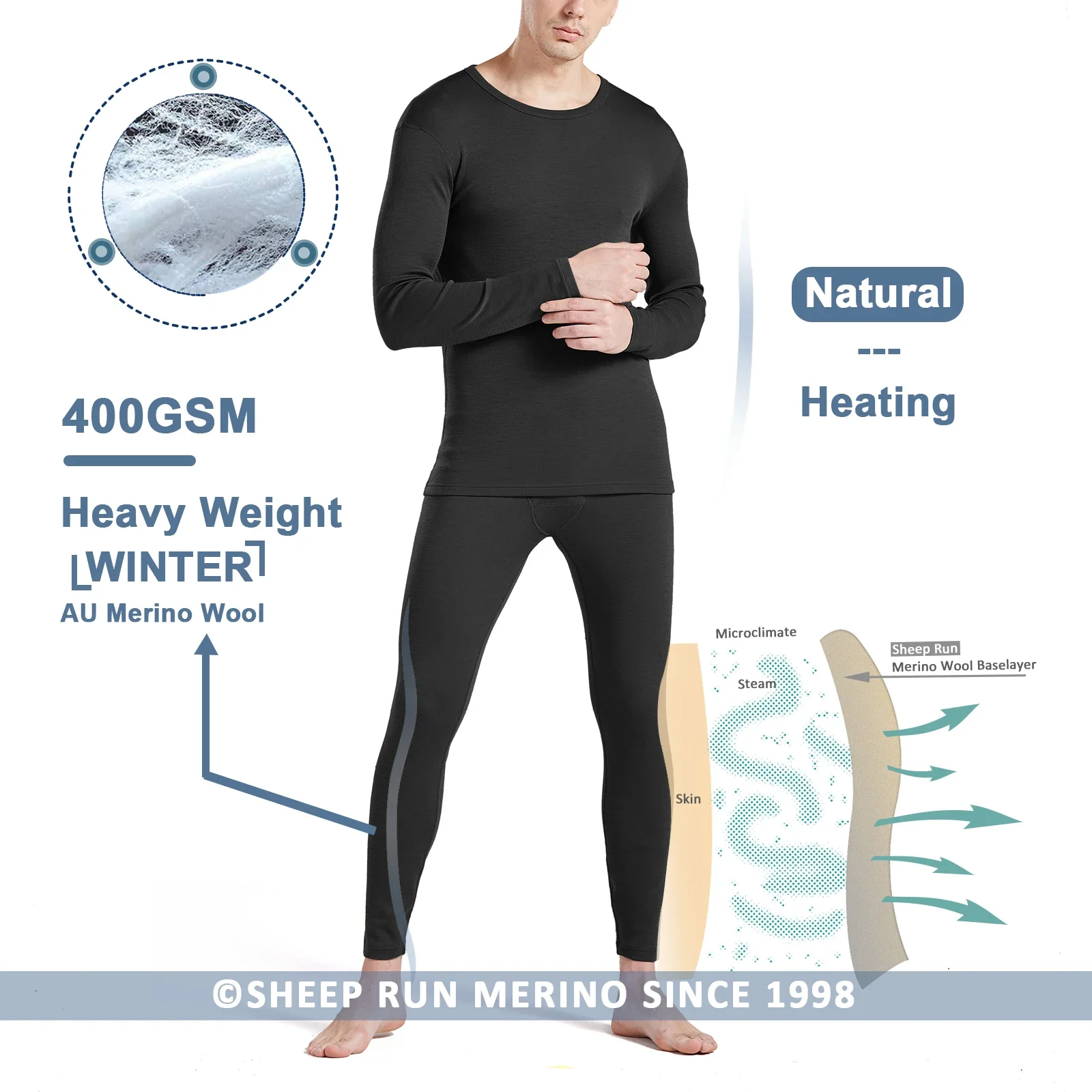 100% Merino Wool Base Layer Men's Heavy-weight 400GSM Thermal Underwear Set Long John Wicking Breathable Quick Dry Anti-Odor