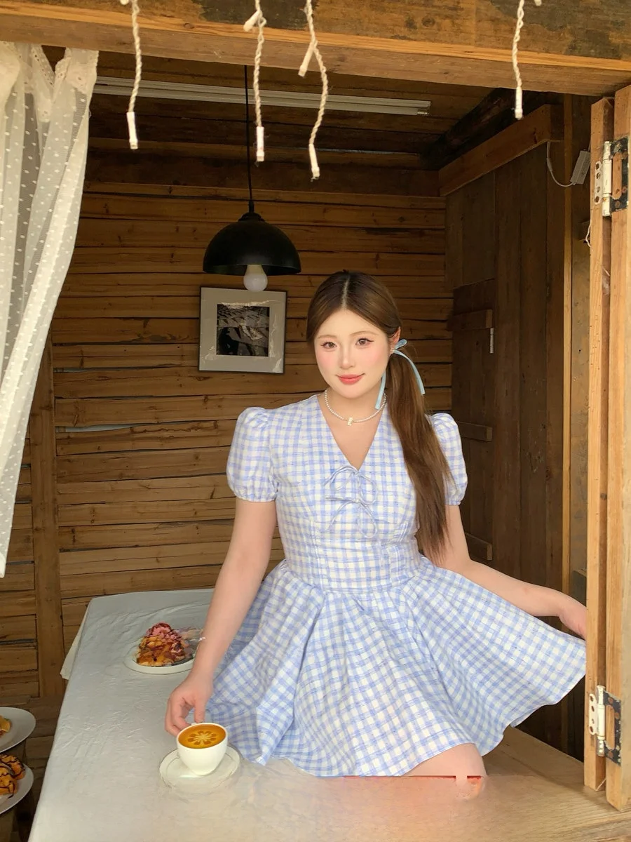 

Летнее женское платье SOUL в клетку с пышными рукавами и узлом, миди, больших размеров, милое, А-силуэт, в стиле феи