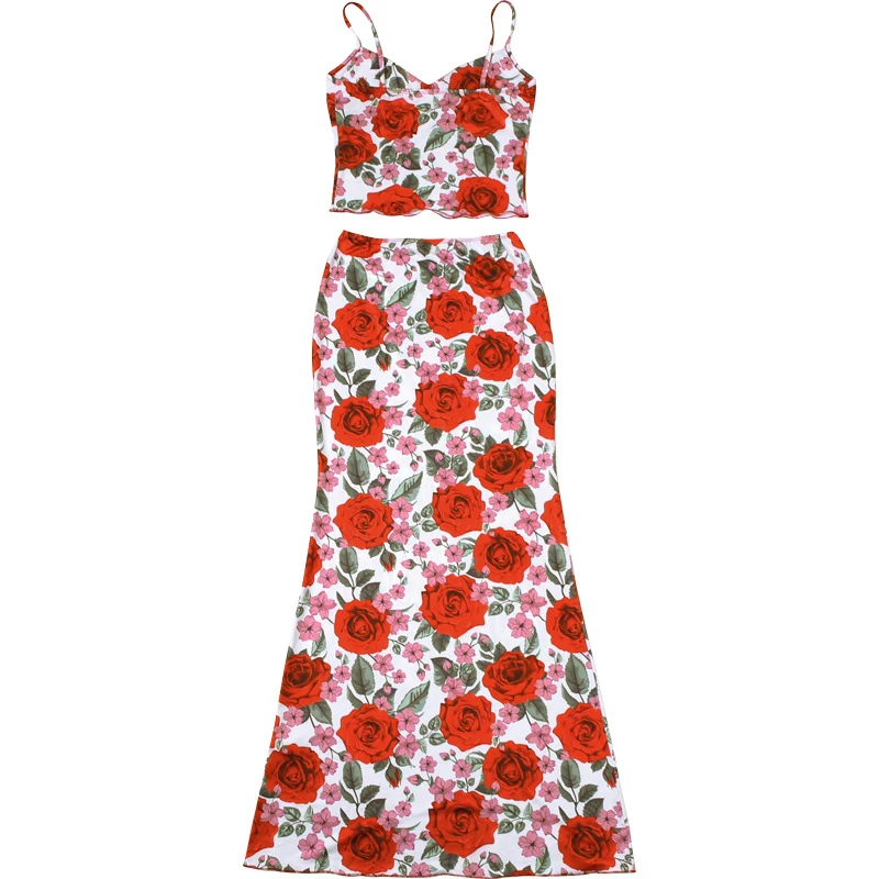 Sexy Vrouwen Zomerjurk Set Mode Rozenprint Maxi Rok Set