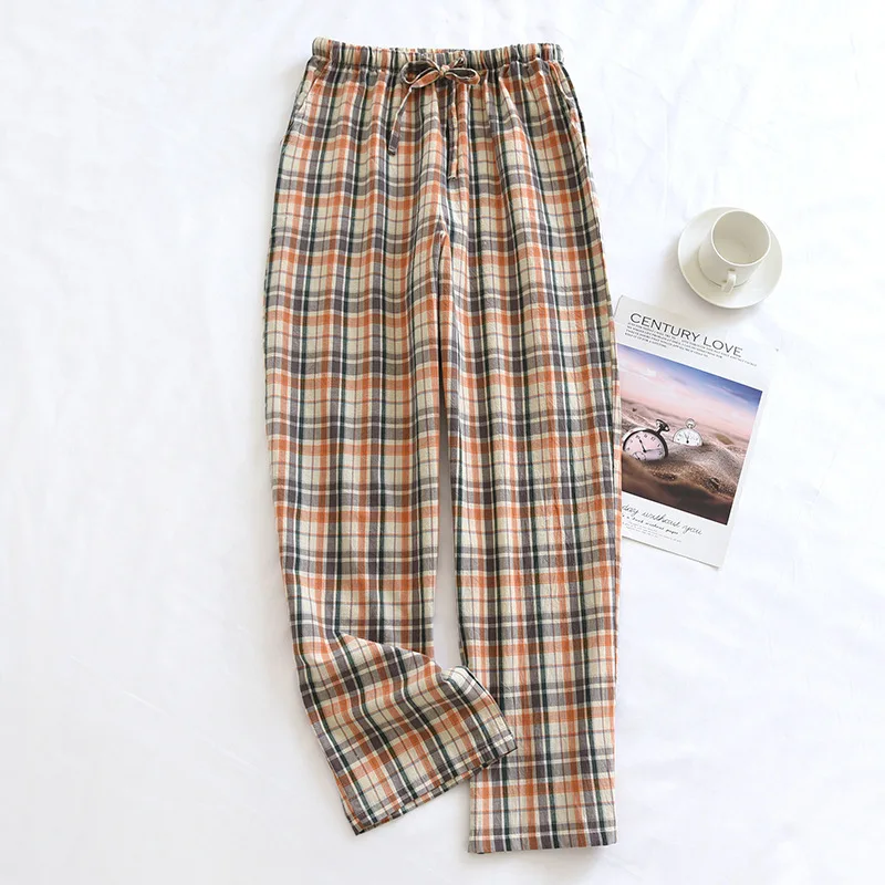 New men\'s spring and summer 100% cotton trousers plaid home pants beach pants plus size pants sleep wear men sheer mens pants