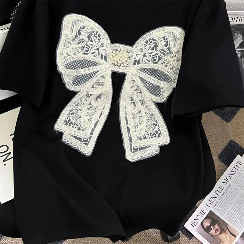 Women 2024 New Summer Trendy Pure Cotton Patchwork Bow Short Sleeve T-shirt Solid Loose All-match Beading Round Neck Casual Tops