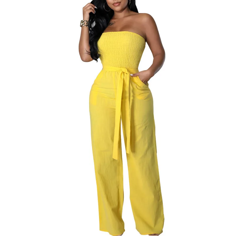 2024 Summer Women Solid Color Jumpsuits Sexy Sleeveless Bandage Fashion Elegant Streetwear Overalls Loose New Wide Leg Pants