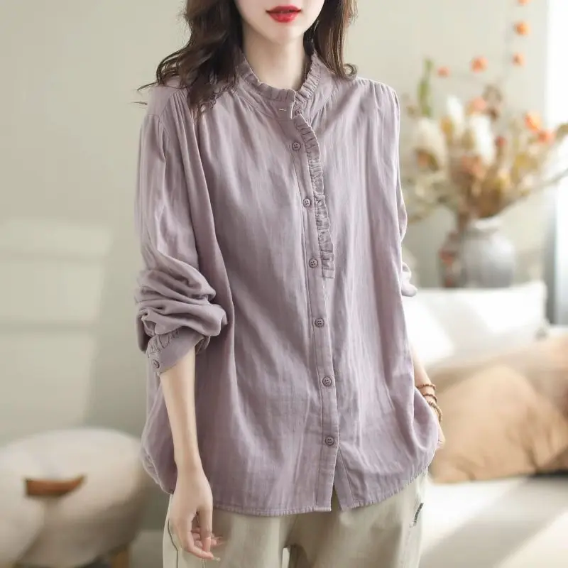 2024 Spring Autumn New Cotton Linen Blouse Crew Neck Button Spliced Ruffles Elegant Loose Casual Long Sleeve Women\'s Shirt Tops