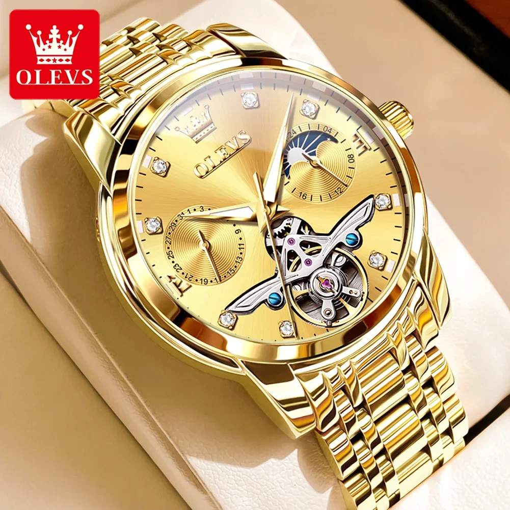 

OLEVS Luxury Automatic Mechanical Watch for Men Tourbillon Design Skeleton Men's Watches Moon phase Luminous Calendar Wristwatch