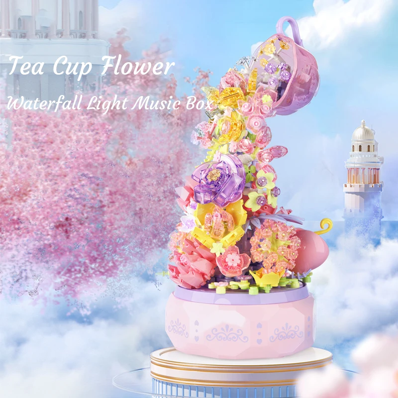 SEMBO Teacup Flower Waterfall Light Music Box Building Blocks Plants Moon Model Fantasy Home Decoration Toys Gift for Girlfriend