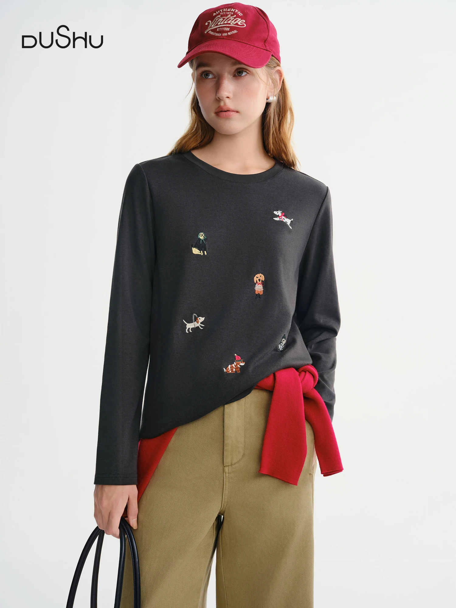 DUSHU Puppy Fun Embroidered Thin Fleece Long Sleeve T-shirt Women's Autumn and Winter Bottoming Shirt Top Sweet Casual