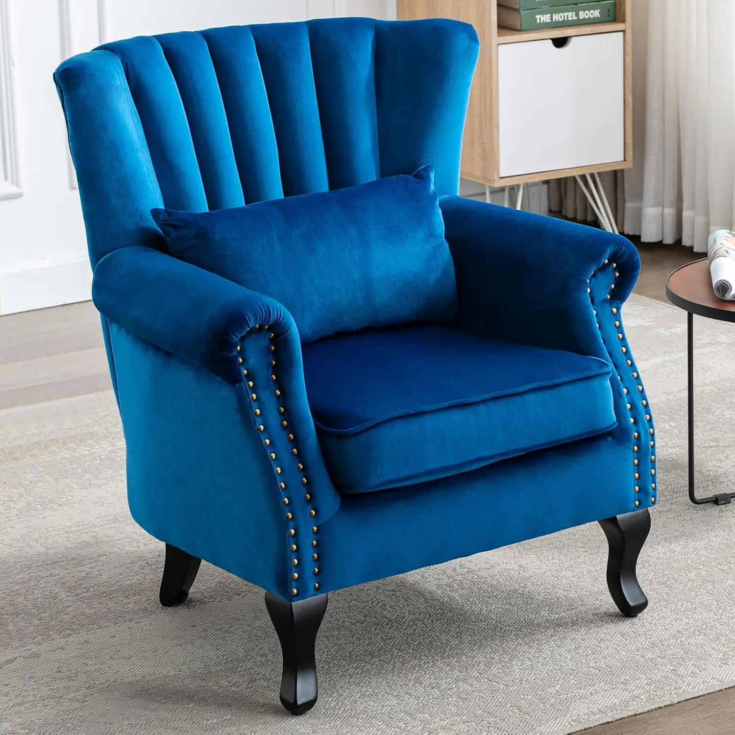 Velvet Wingback Accent Armchair Tufted Midcentury Modern Comfy Corner Club Chair Living Room Bedroom Reception Blue, Customized