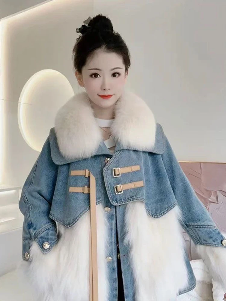 2024 Denim Faux Fox Fur Down Jacket New Winter Warm Velvet Denim Coat  Big Fur Collar Coat Winter Casual Thick Warm Jean Coat