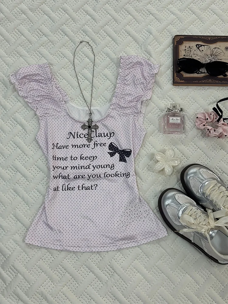 

Оригинальная женская облегающая футболка в горошек в стиле ретро Sweet Spicy Girl в розовый горошек, летняя универсальная футболка, Новое поступление