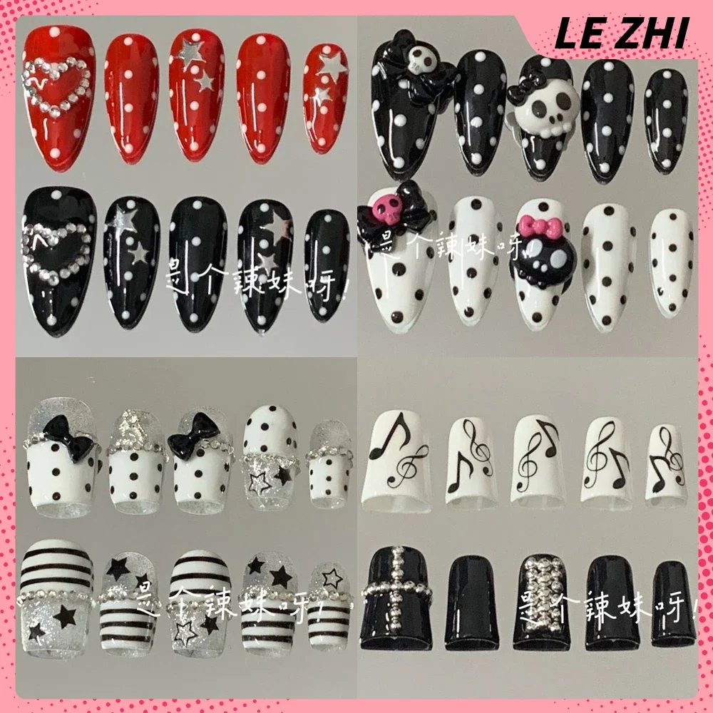 

10Pcs Y2K Spicy Girl Handmade Almond Duckbill Wearable Press On Nails Polka Point Musical Notes Stars Diamond Bow False Nails