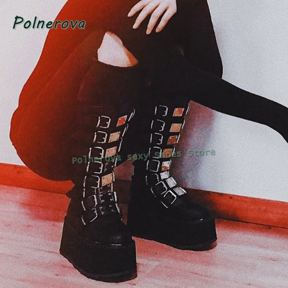 Metal Belt Buckle Platform Motorcycle Boots Round Toe Wedge Patchwork Punk Dark Y2K Knee High Boots Subculture Style 2025 Newest view 4