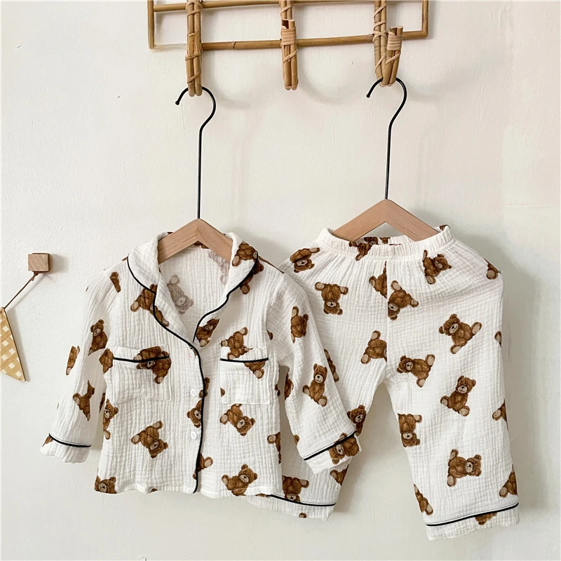 Autumn Kids Pajamas Set 2 PCS Long Sleeve Tops Cardigan Pants Korean Bear Cotton Muslin Boys Girls Nightgown Sleepwear