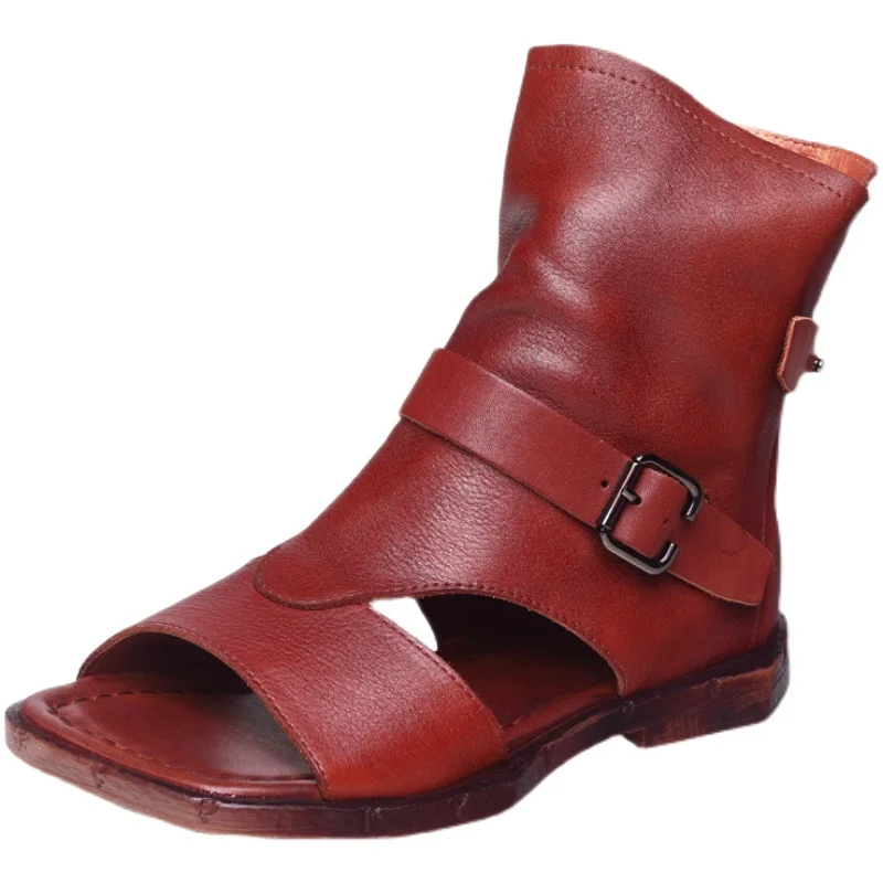 Spring 2021 new leather vintage handmade open-toe side zipper flat flat boots and sandals for women