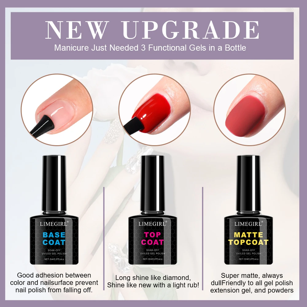 Limegirl 36 Colors Gel Nail Polish Set 8ml with Base Top Matte Coat Complete Salon Manicure Kit DIY Nail Polish Set 36 Bottles