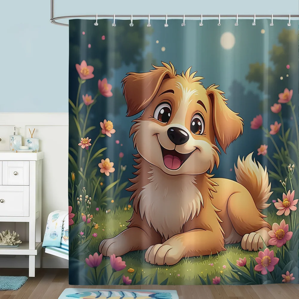 1 Shower Curtain with Puppy and Floral Patterns, Dreamy - Style Home Decor Shower Curtain, Including 12 Hooks, Suitable for Wind