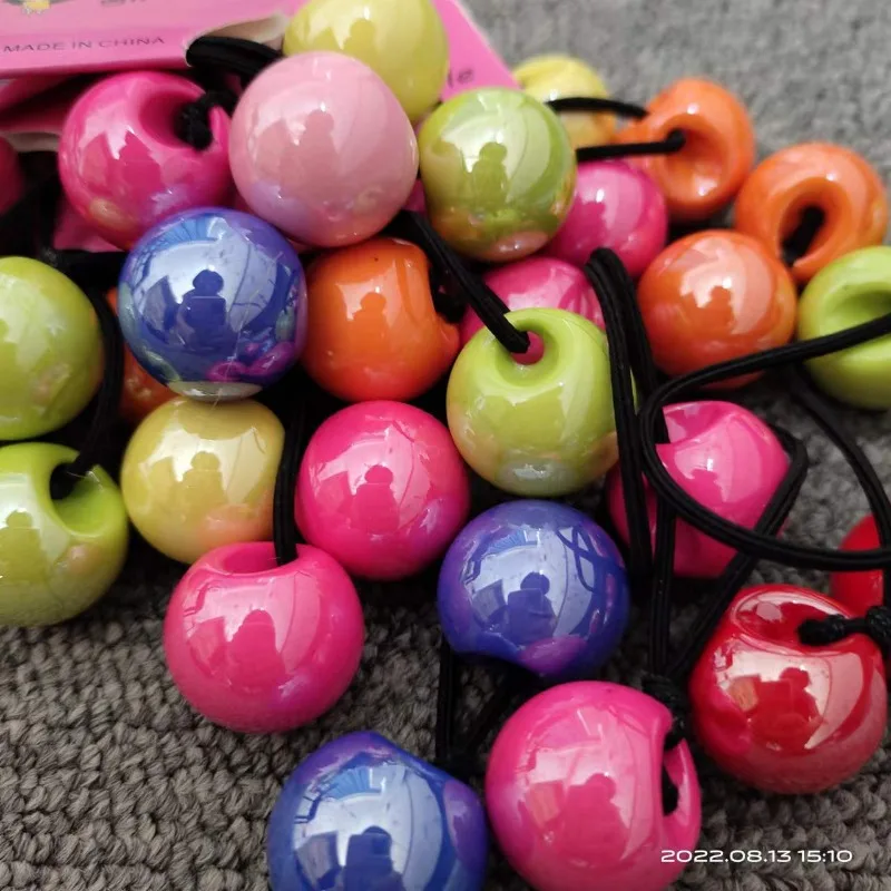 

12 шт., шарик для хвоста, коллекция резинок для волос, яркоцветная мраморная отделка, шарики для хвоста с двойными бусинами (20 мм) для девочек и малышей