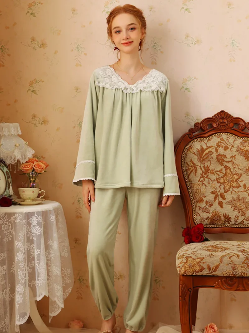 Smile Sleeping Loungewear pour femme, col en V chaud, nickel é, vintage, princesse douce, glunel, ensemble 2 pièces, lieu, automne, hiver