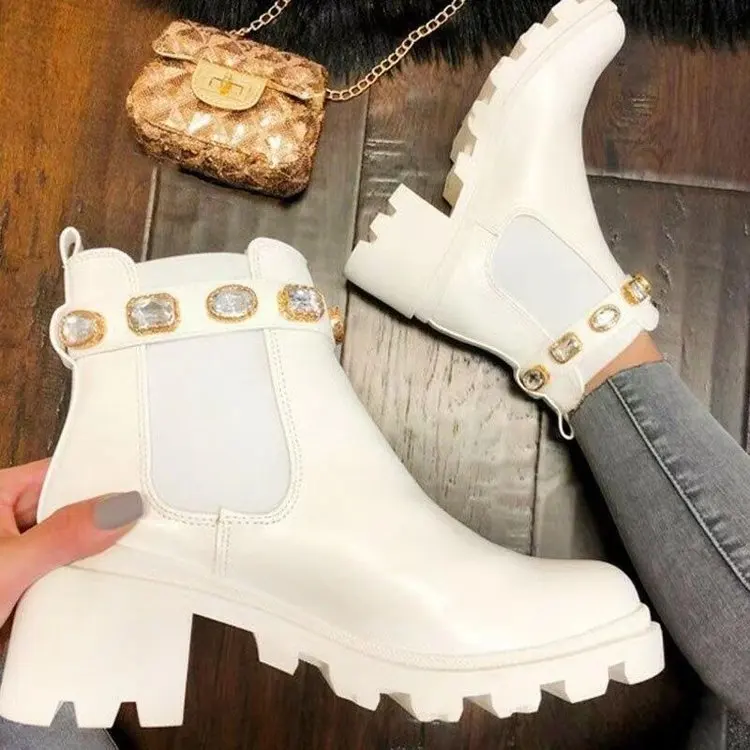 New Women Ankle Boots Crystal Rhinestone Slip On Platform PU Leather Women\'s Booties Spring Autumn Females Footwear2021