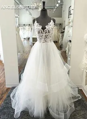 

ANGELSBRIDEP A-Line V-Neck Wedding Dresses Sexy Spaghetti Straps Applique Ruffle Vestido De Noiva Formal Bridal Gowns