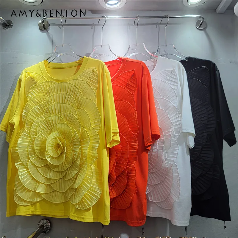 

Women's Casual 3D Floral Short Sleeves T Shirt 2026 Summer New Loose Fit All Match Elegant Fashion Tops Pullover Y2K Clothes