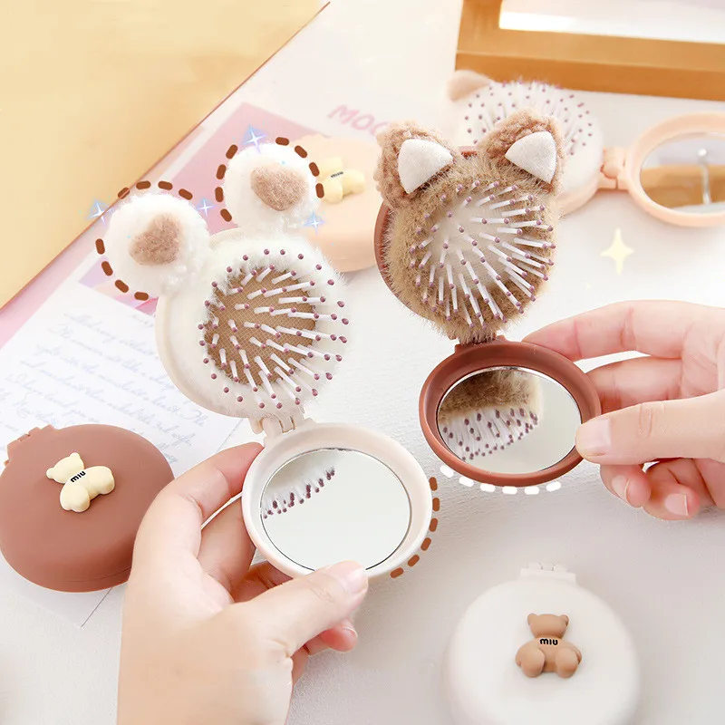 Cute Kid Hair Brushes Mini Lovely Cartoon Bear Hair Combs con specchio per bambini Girl Small Portable Massage Comb Hair Rope