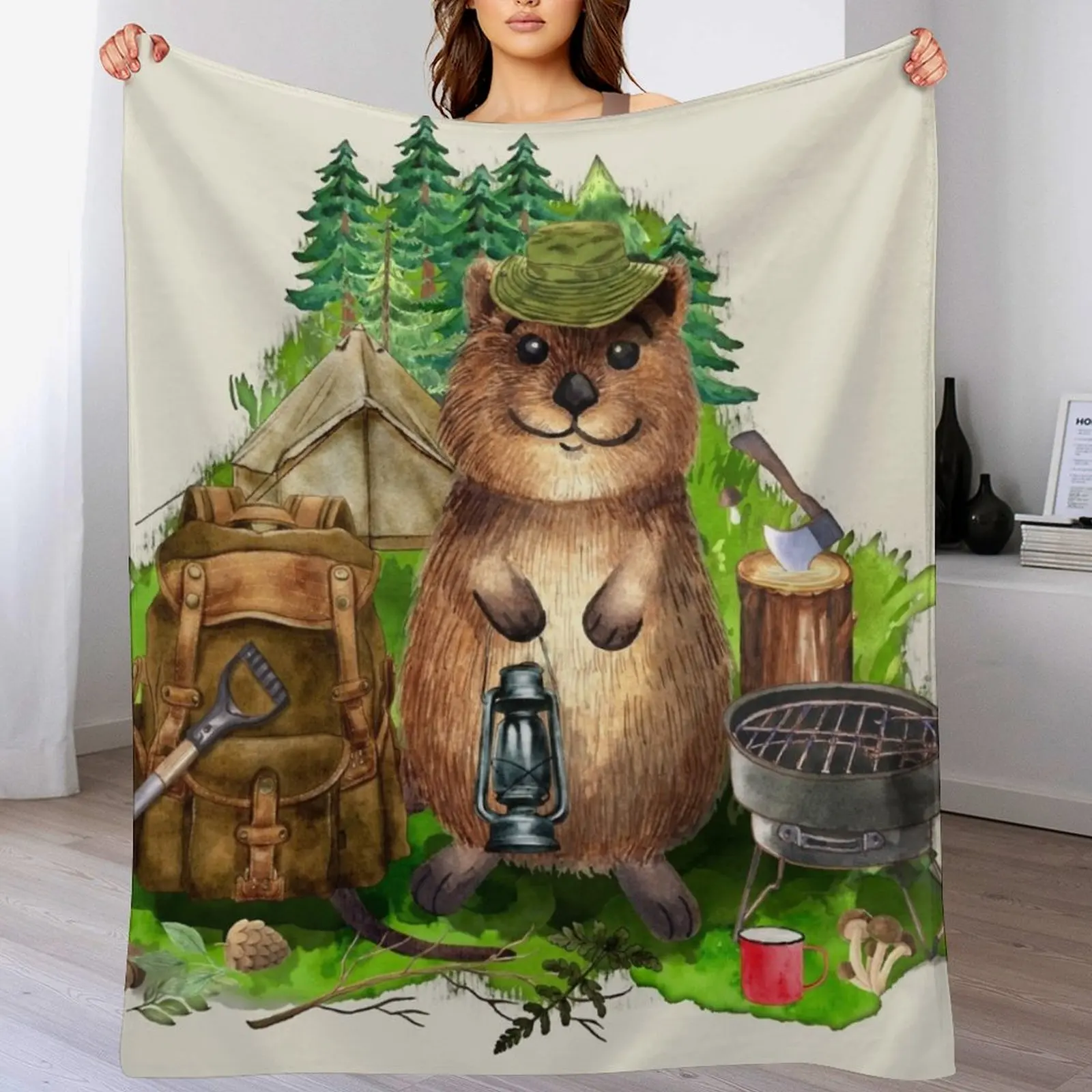 

Happy Quokka Camping is happiness Throw Blanket Durable Warm Blanket for Daily Home Use