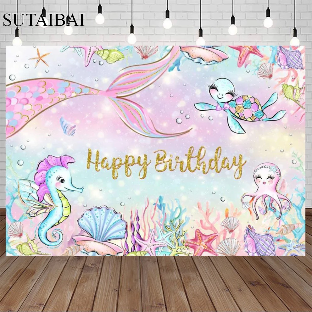 

Happy Birthday Mermaid Backdrop Seabed Shell Marine Life Baby Birthday Party Shoot Background Photography for Photo Studio