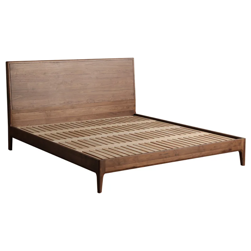 Nordic modern simple solid wood double bed North American black walnut bed Master bedroom queen bed High backrest queen