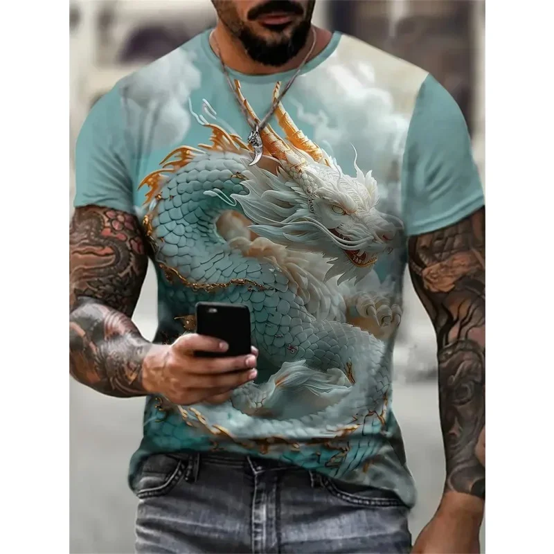 Vintage Chinese Loong Pattern T-Shirt For Men Dragon Skull 3D Printed T Shirts Summer Loose Street Tops O-Neck Short Sleeve Tees