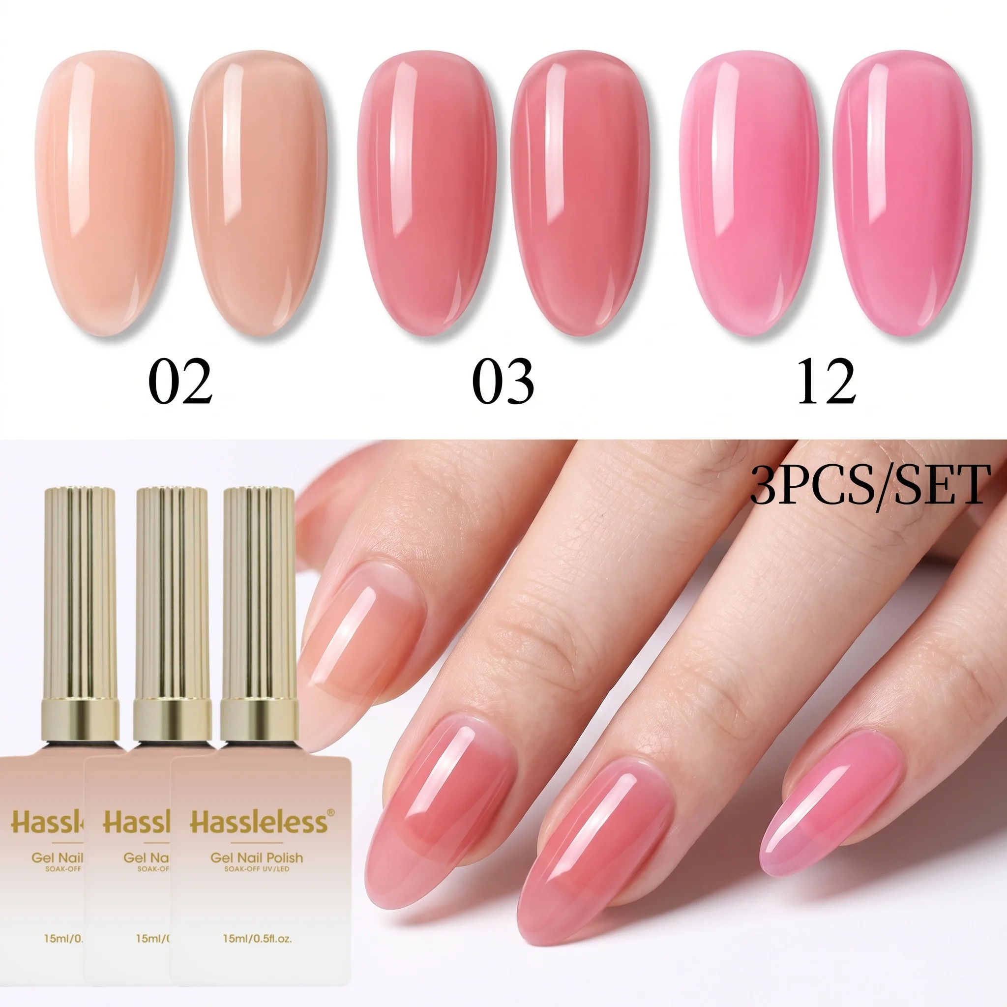 Hassleless 3Pcs Ice Transparent Nude Pink Nail Polish Gel Set Jelly Transparent Nude Color Series Uv Nail Polish Gel Long-Lasting Whitening Effect for Home Manicure