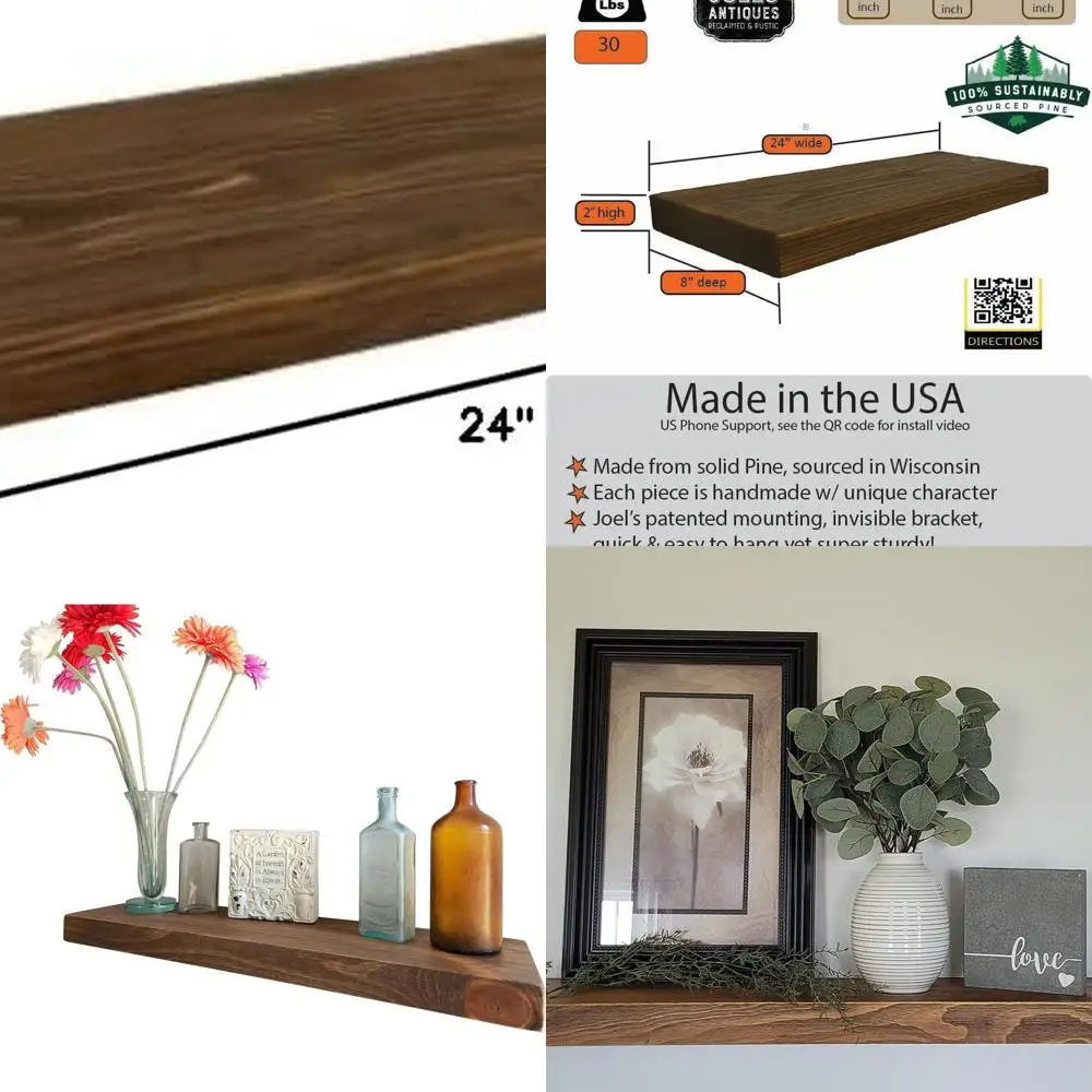 

24 Inch Natural Wood Floating Shelves - 24x8x2 in - Heavy Duty Rustic Wall Mount for Home Décor