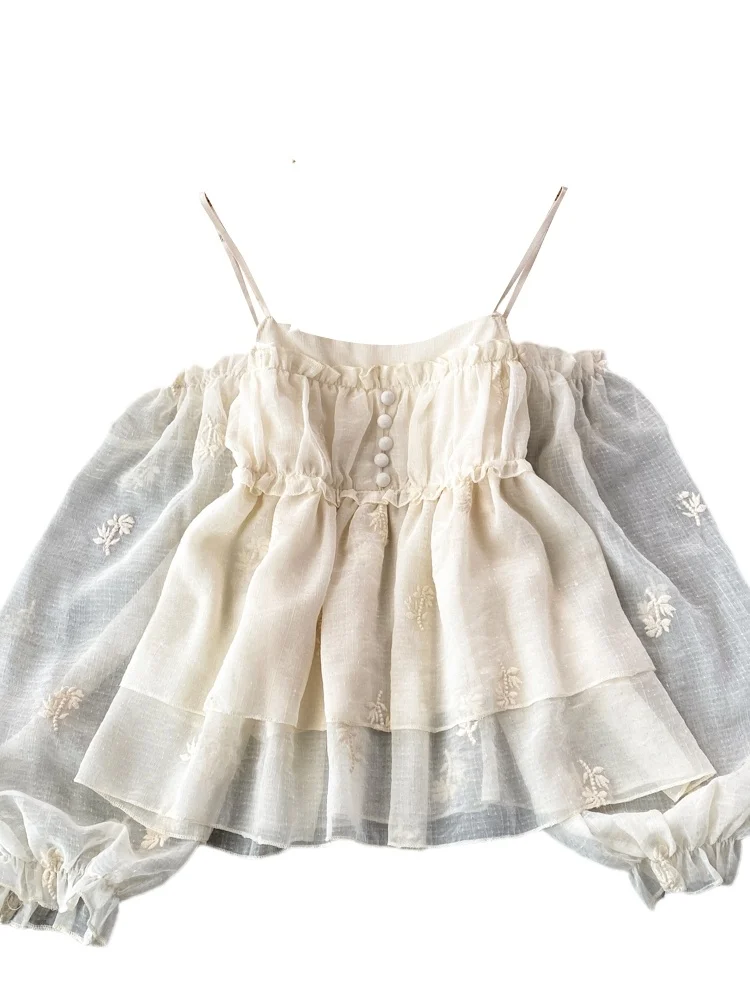 Sweet Lace Shoulder Bubble Sleeve Embroidered Crop Top Women's Casual Shirt Korean Style Loose Fit Long Sleeve Autumn Top - view 5