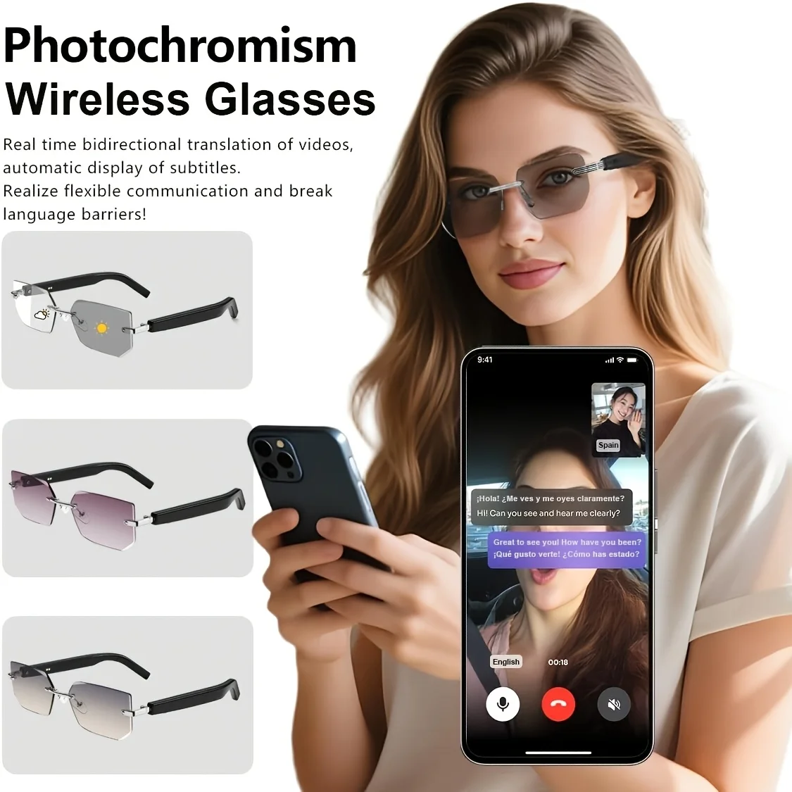 Stylish Bluetooth Sunglasses for Couples Photochromic Lenses Open-Ear Design Built-In Speakers Clear Sound Quality Wireless Calls Smart Touch Controls