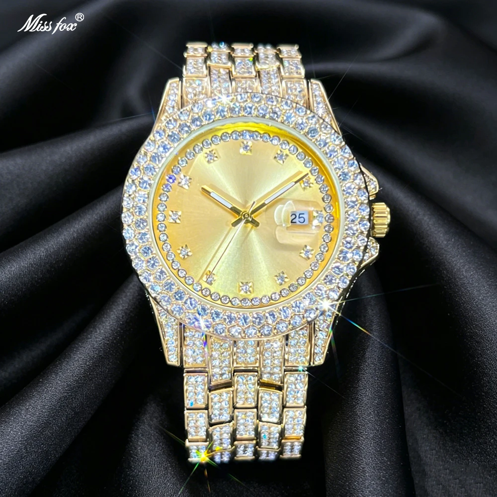 MISSFOX Full Iced Out Watch For Men Luxury Gold Hip Hop Diamond Quartz  Watches Waterproof Day Date Clock Hot Selling Product