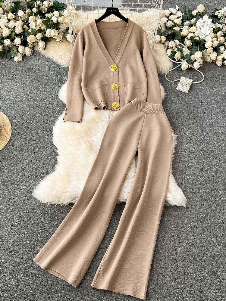 Women Casual Long Sleeved Cardigan Sweater Wide Leg Pants Knitted 2 Piece Set Y2k Korean Fashion Tide Elegant Suits Autumn 2024