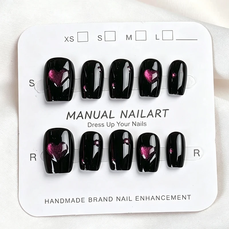 Women\'s Solid Cute Nail Art Pure Handmade 3D Love Shape Detachable Short Style Press On Nails Light Nail Cat Eye Patch