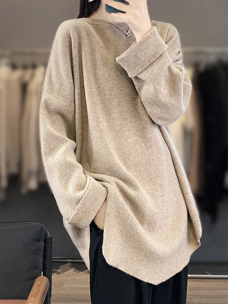 Fashion Women Round Collar Sweater 100% Merino Wool Pullovers Autumn Winter Loose Cashmere Knitwear Female Clothes Korean Tops