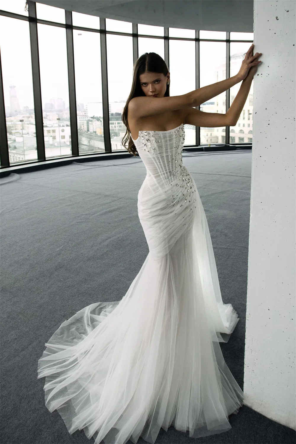 Kyoto Angepasst Mantel Falten Glänzend Sexy Hochzeit Kleid Liebsten Ärmellose vestidos de novia Lange Zug Formale Abendkleid