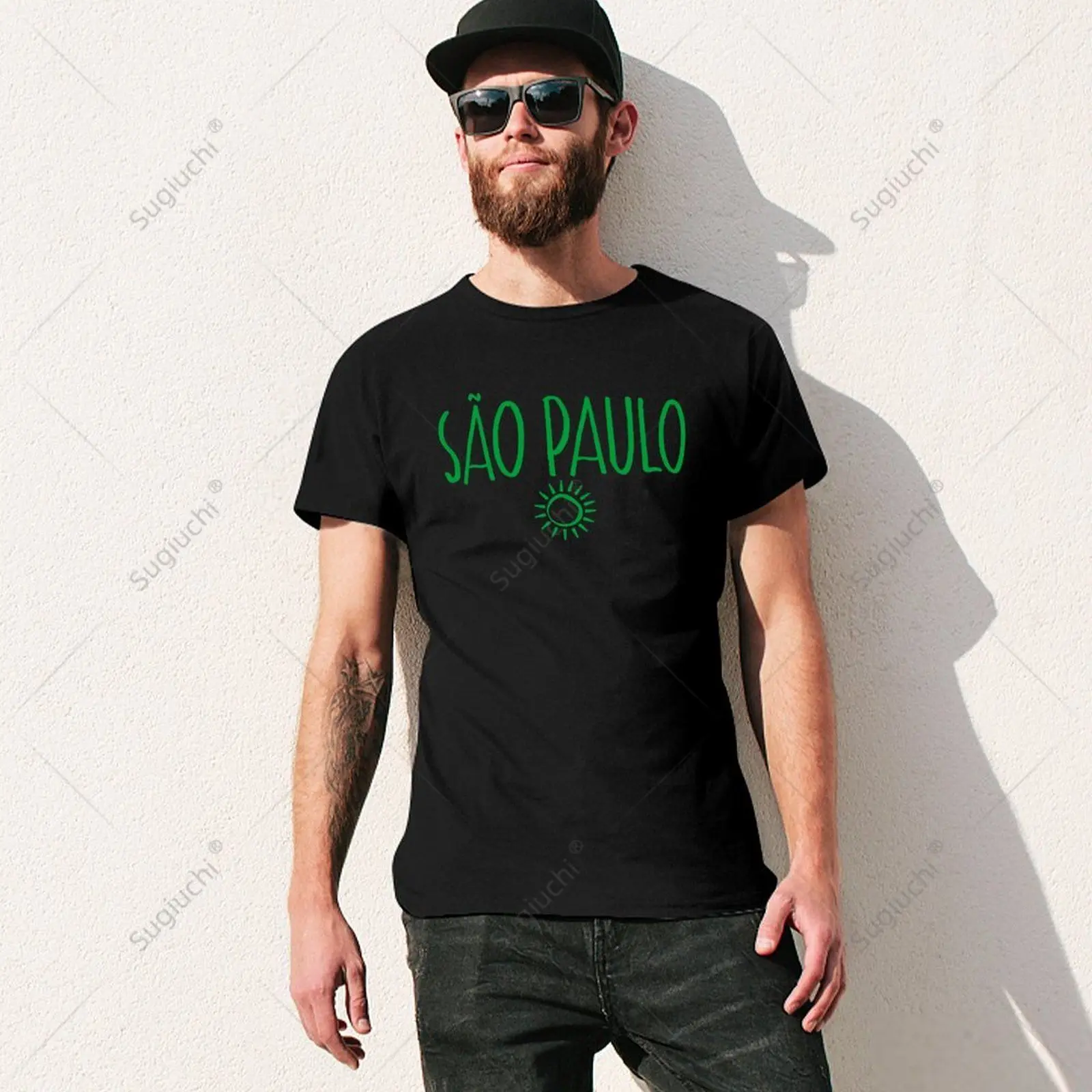 Unisex Men Sao Paulo Brazil Sun Drawing Handwritten Text Amber Print Tshirt Tees T Shirts Women Boys 100% Cotton T-Shirt